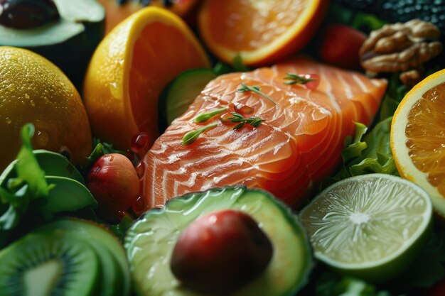 Foto piatto fresco e colorato di frutta e verdura assortita ideale per i concetti di alimentazione sana