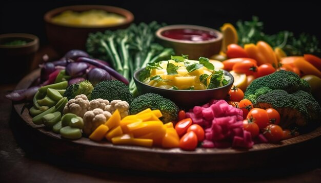 Fresh colorful salad with organic vegetables on rustic wooden table generated by AI