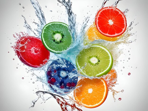 A fresh colorful tasty fruit splashing into cold water isolated on white background Generative ai