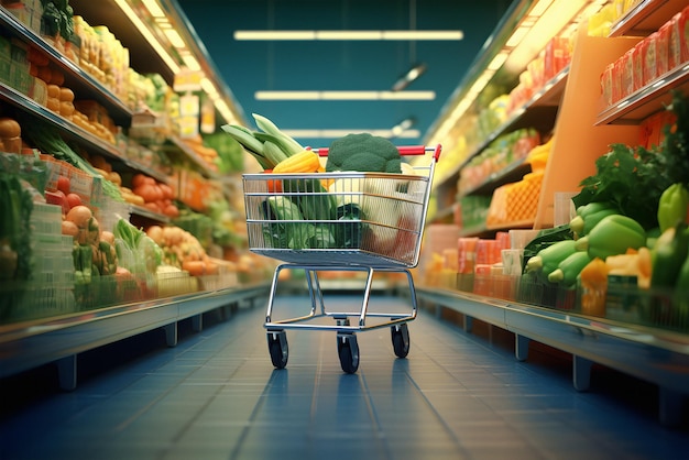 Fresh and Colorful Vegetables in a Shopping Cart at a WellStocked Grocery Store Generative AI