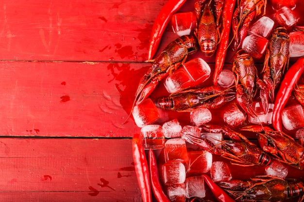 Fresh cooked crayfish in ice cubes