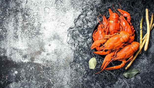 Fresh cooked crayfish. On a rustic background.