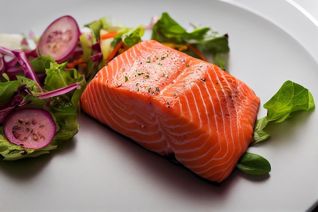 Fresh cooked delicious salmon steak with salad lemon potato