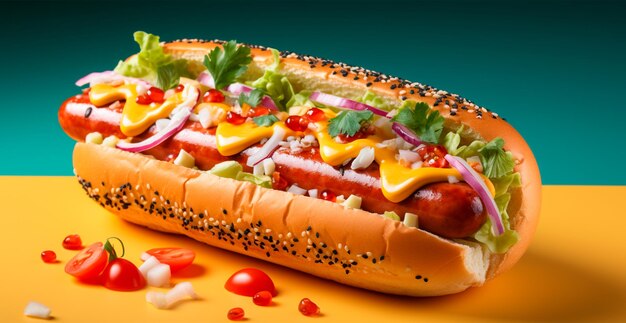 Fresh cooked hot dog with mustard and ketchup AI generated image