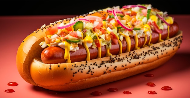 Fresh cooked hot dog with mustard and ketchup AI generated image