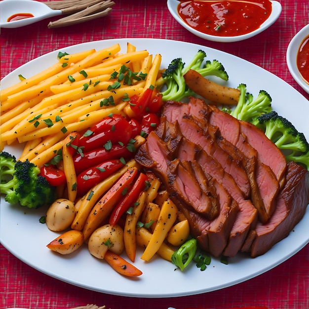 Fresh cooked meat sauce with rice and vegetables