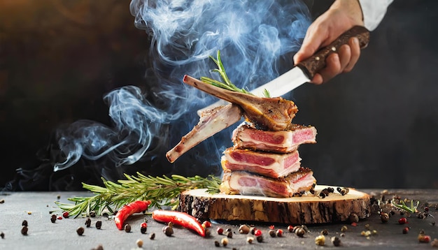 Свежая приготовление баранины с дымом и пламенем крупный план барбекю концепция мяса свежее сырое разрезать генерировать