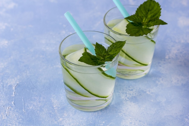 Fresh cool detox drink with cucumber, lemonade in a glass with a mint