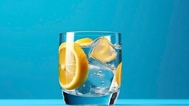 fresh cool lemonade inside little glass with ice on blue background water cold juice cocktail color AI Generative