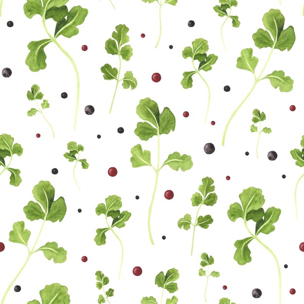 Fresh coriander and pepper seamless pattern on white Watercolor hand drawing illustrationArt for decoration and design