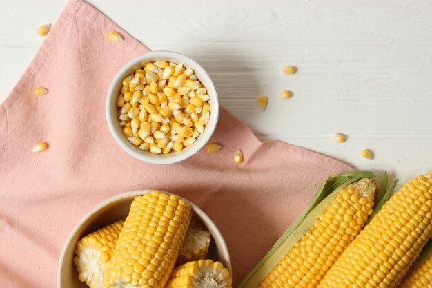 Fresh corn closeup on the table closeup