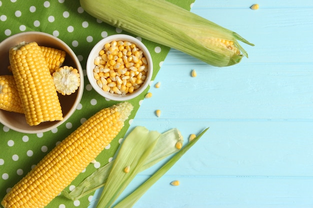 Fresh corn closeup on the table closeup