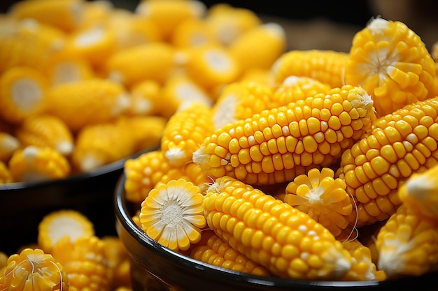 Fresh corn on the cob in a glass bowl Selective focus