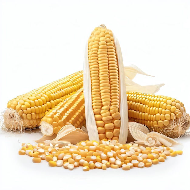 Photo fresh corn on the cob and grains isolated on a white background generative ai