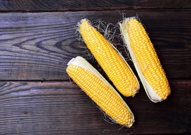 Fresh corn cobs on a brown wooden background