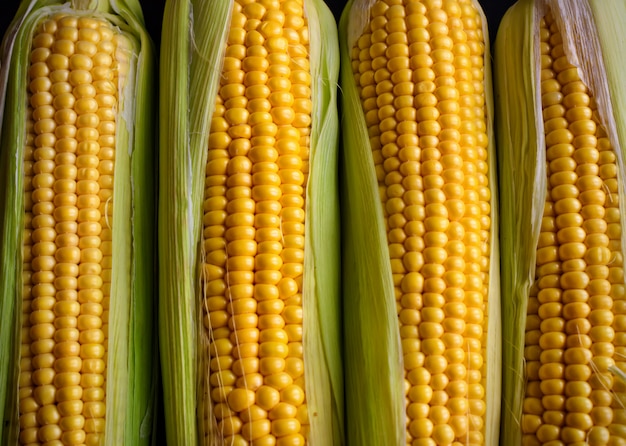 Fresh corn cobs, close up. Appetizing cobs of ripe yellow corn with green leaves top view. Organic food, healthy lifestyle