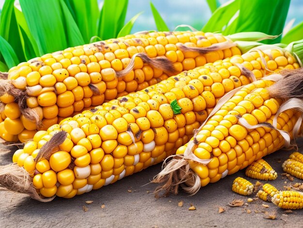 Fresh corn on cobs on rustic wooden table closeup