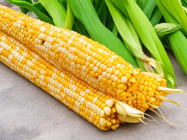 Fresh corn on cobs on rustic wooden table closeup