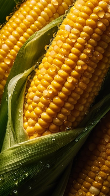 Fresh corn on cobs on rustic wooden table closeup