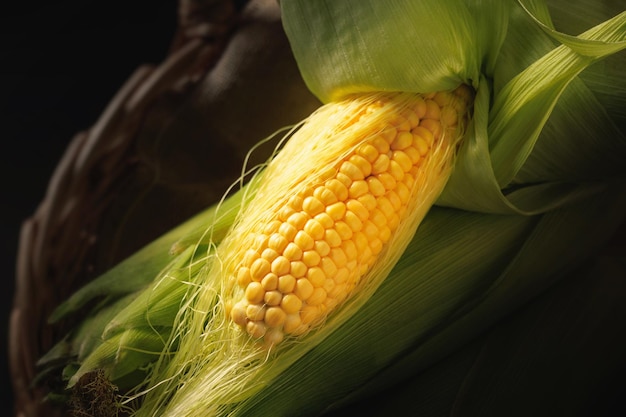 Fresh corn on cobs on rustic wooden table closeup