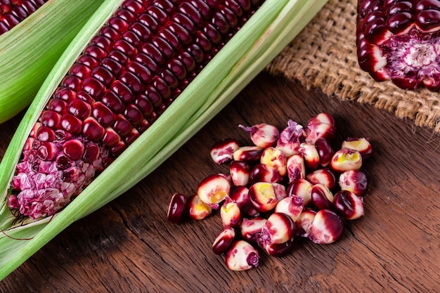 fresh corn on cobs on rustic wooden table, closeup