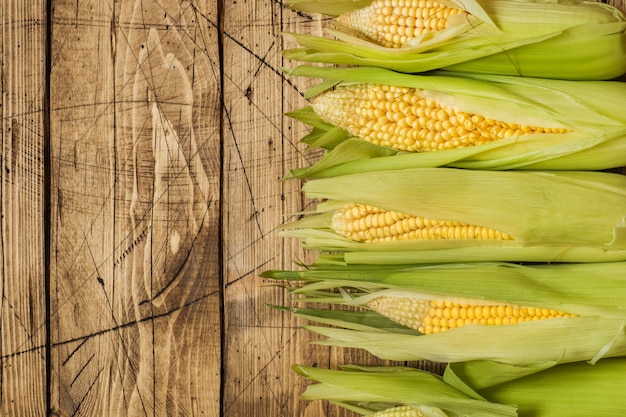 Fresh corn on cobs on rustic wooden table, closeup.