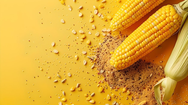 Foto colze di mais fresche con cereali sparsi su uno sfondo giallo vibrante perfette per un'alimentazione sana e concetti culinari ai