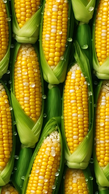 Fresh corn cobs with water drops top view Food background