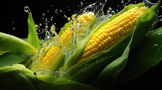 свежая кукуруза, подверженная воздействию воды на черном и размытом фоне