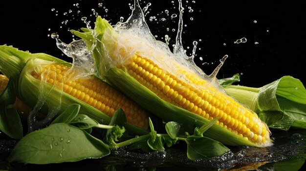 Fresh corn exposed to water splash on black and blurry background