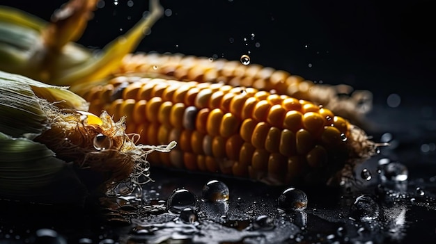 Fresh corn hit by splashes of water with black background and blur