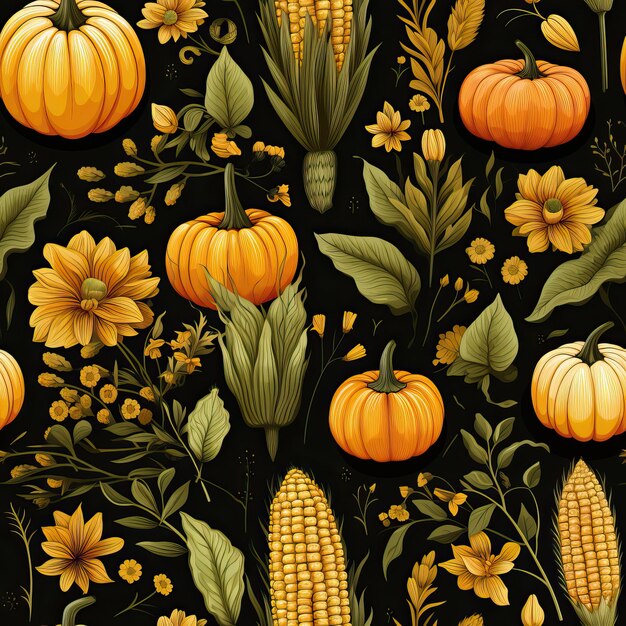 Fresh corn and pumpkin with green leaves as background Seamless pattern