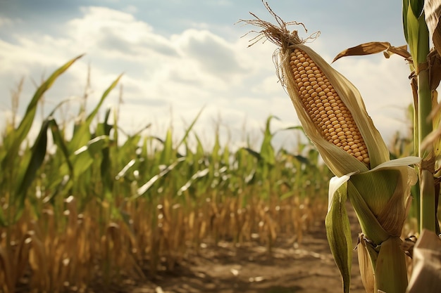 Fresh corn on the stalk in field rural beauty