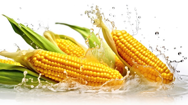 Fresh corn with water splash isolated on white background