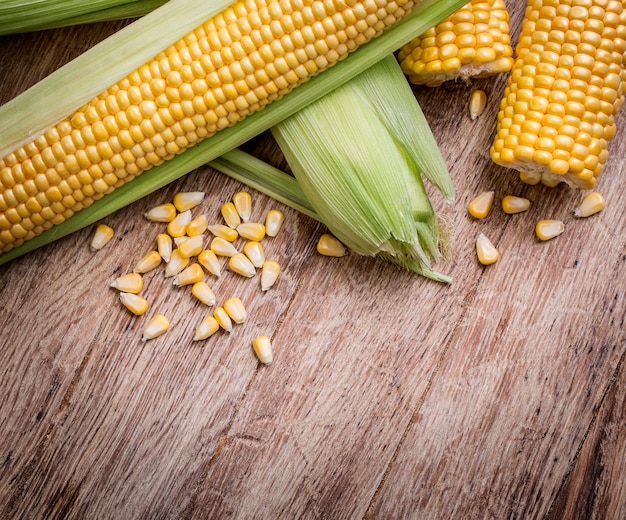 Fresh corn on wooden table