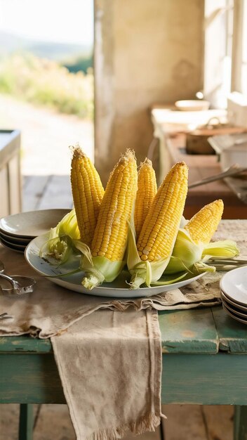 Fresh corn on wooden table