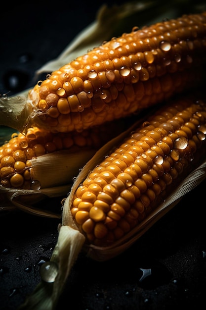 Photo fresh corns on cobs and water drops background closeup viewgenerative ai