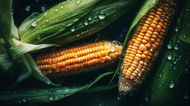 Photo fresh corns on cobs and water drops background closeup viewgenerative ai