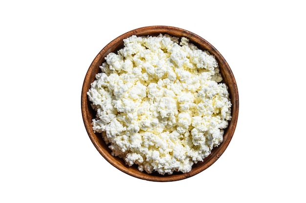 Fresh Cottage cheese in a wooden bowl on Isolated on white background