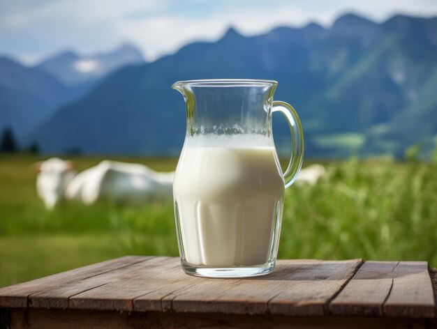 Fresh cow's milk in a glass and a jug on green grass with mountains and blue sky in the background