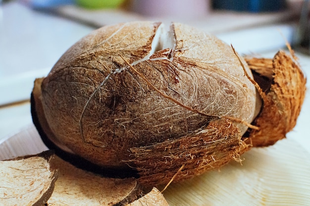 fresh cracked coconut on the table