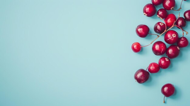 Fresh cranberries scattered on a blue background The cranberries are red round and have a glossy surface