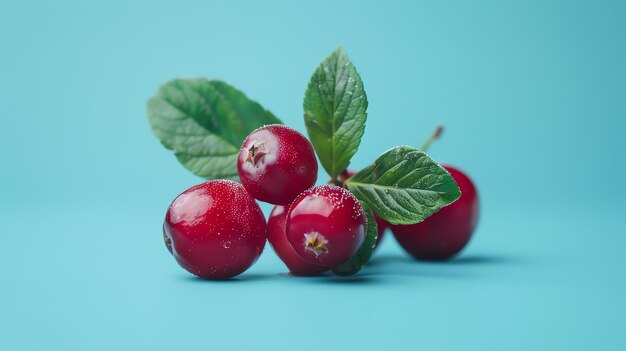 Fresh cranberries with green leaves on blue background