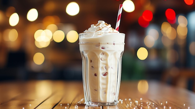 Fresh creamy milkshake on wooden table