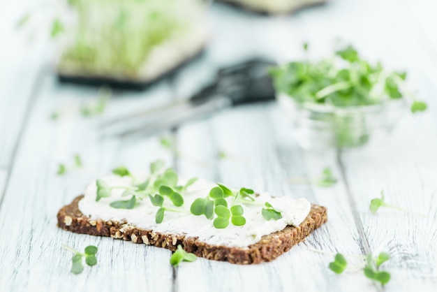 Fresh Cress with creamy Cheese on a slice of bread selective focus