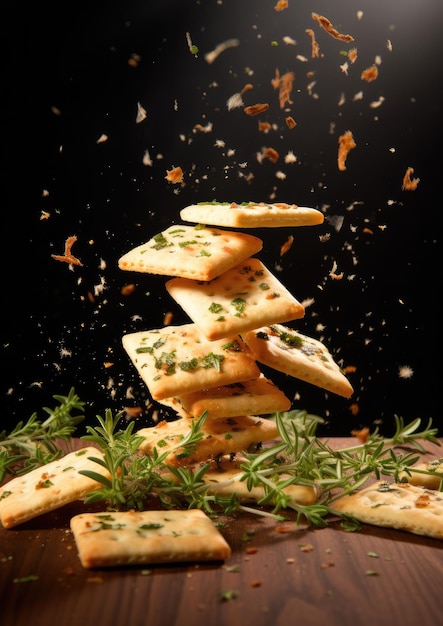 Fresh crispy crackers with rosemary on the dark background Generative AI