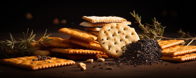 Fresh crispy crackers with rosemary on the dark background Generative AI