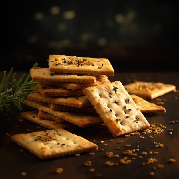 Fresh crispy crackers with rosemary on the dark background Generative AI