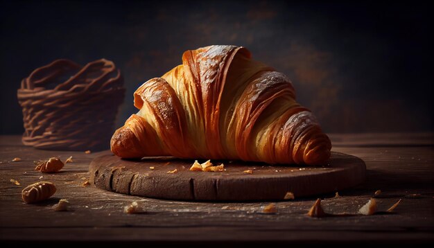 Fresh crispy croissant on the table closeup Al generated