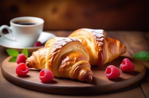 Photo fresh crispy croissant with raspberries and cup of coffee